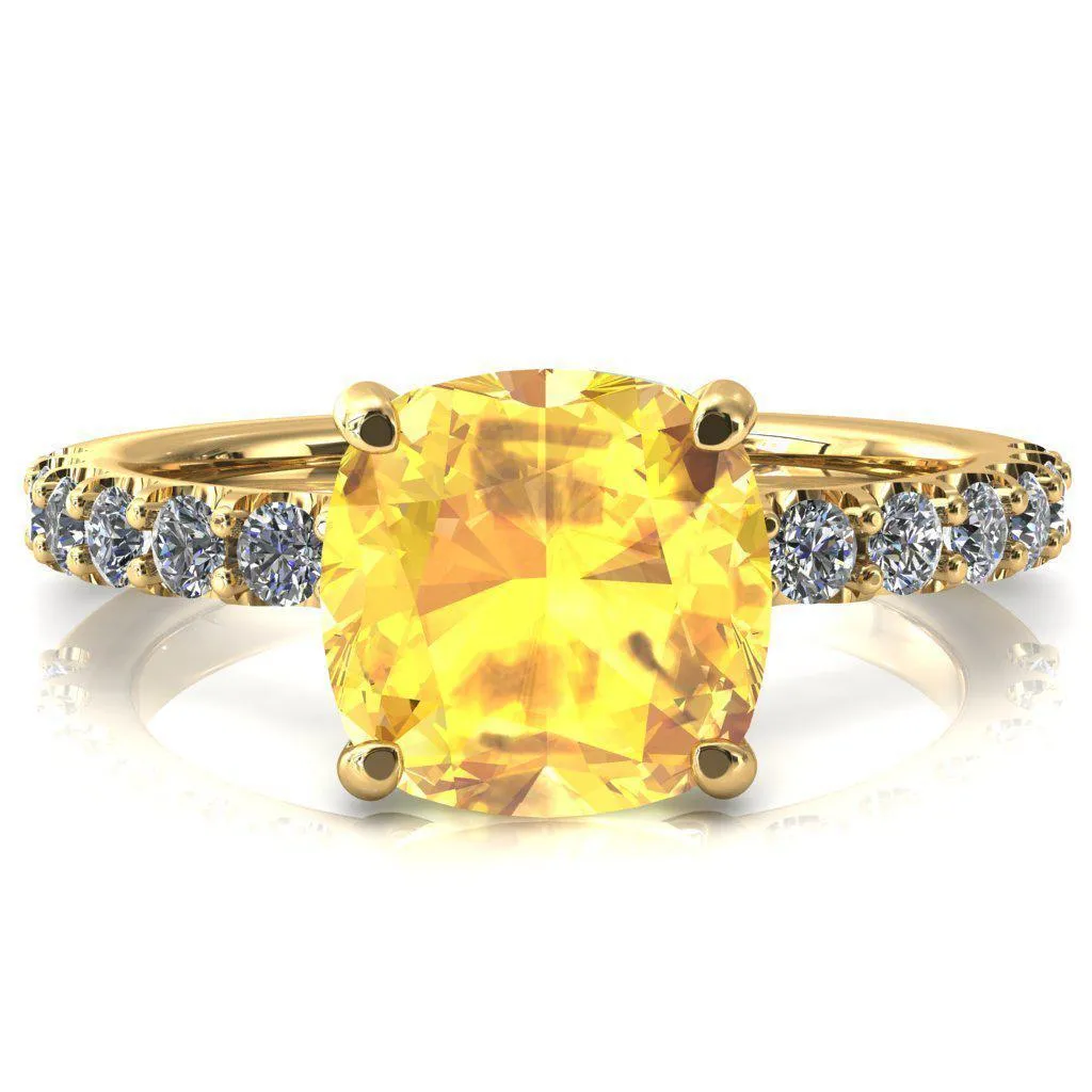 Mylene Cushion Yellow Sapphire 4 Prong Sculptural Half Eternity Diamond Engagement Ring