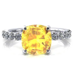 Mylene Cushion Yellow Sapphire 4 Prong Sculptural Half Eternity Diamond Engagement Ring