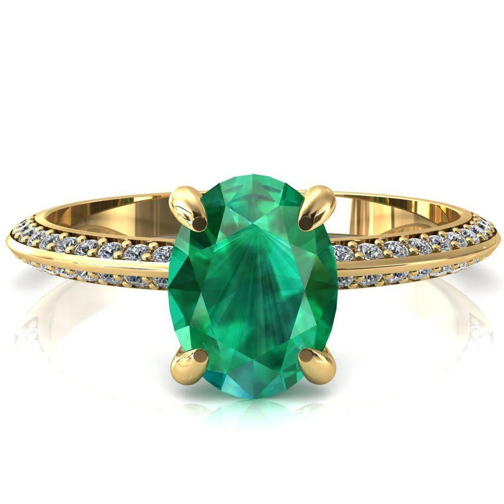 Nancy Oval Emerald 4 Prong 1/2 Eternity Diamond Knife Shank Accent Engagement Ring