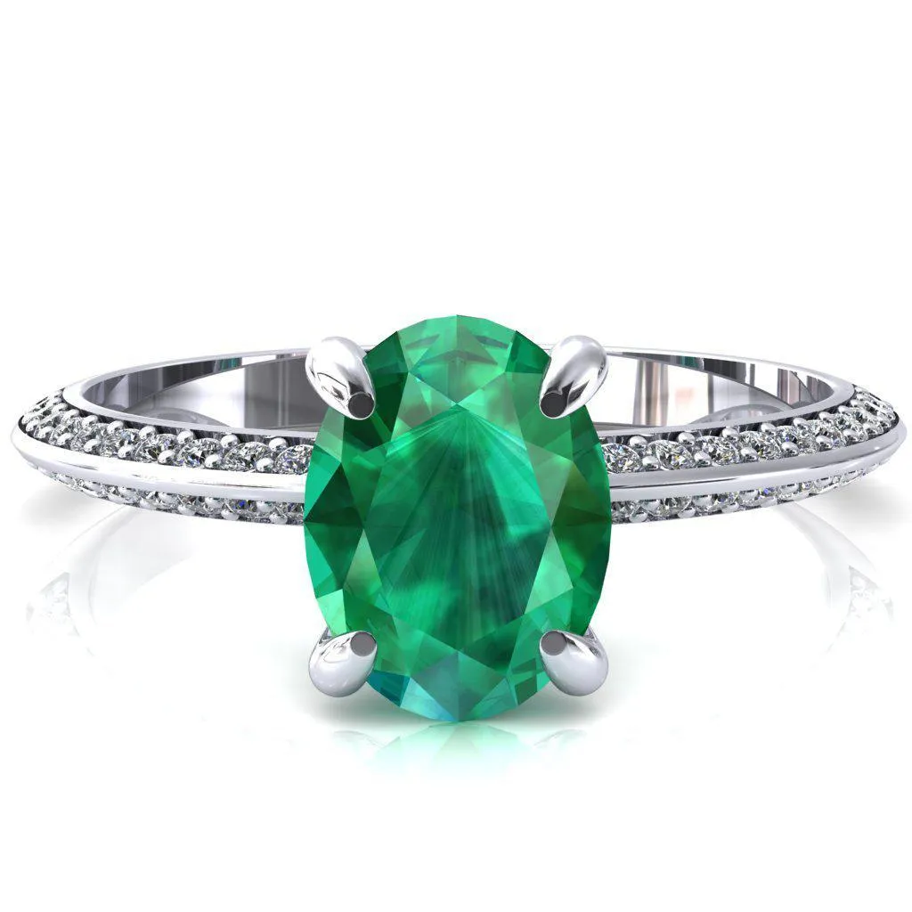 Nancy Oval Emerald 4 Prong 1/2 Eternity Diamond Knife Shank Accent Engagement Ring