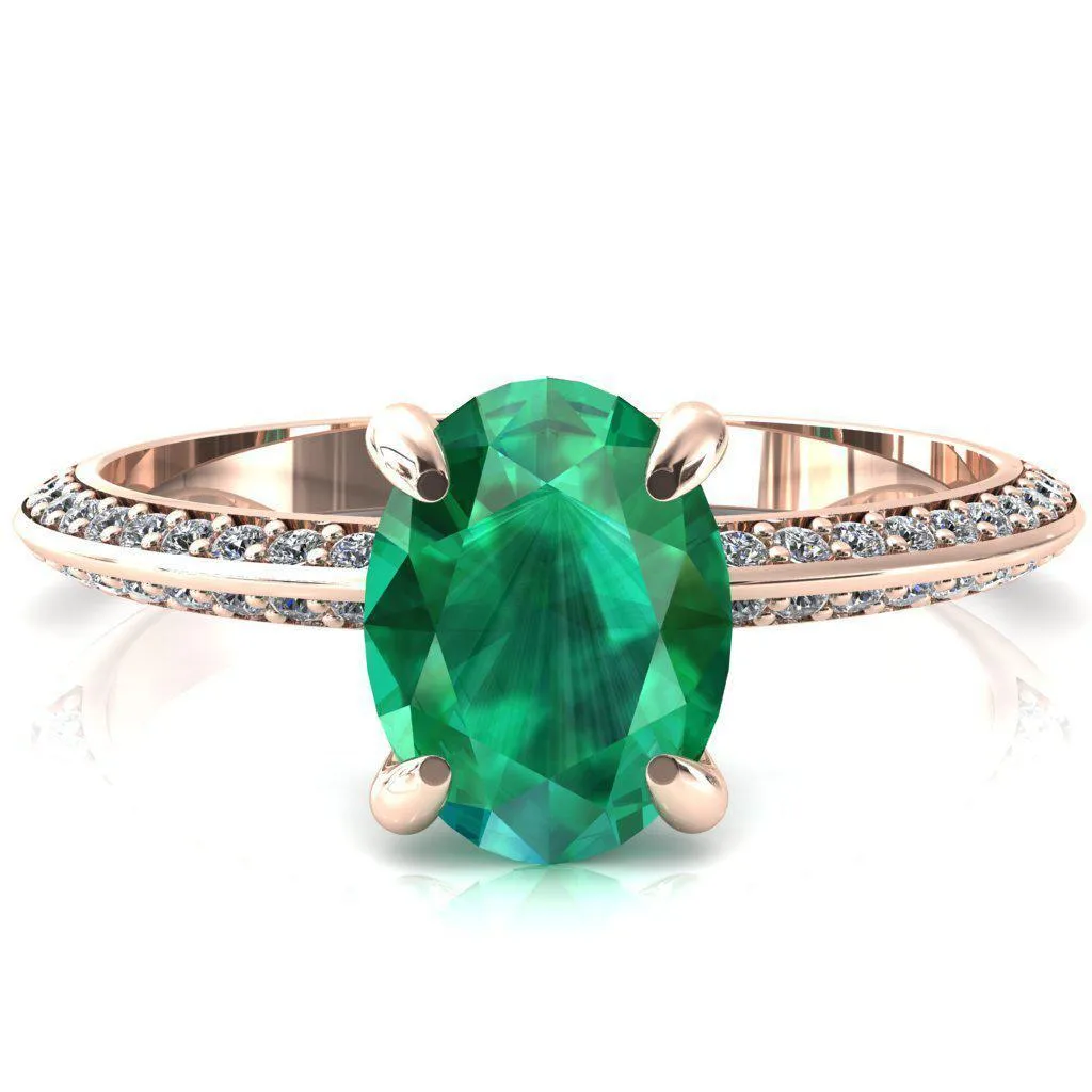 Nancy Oval Emerald 4 Prong 1/2 Eternity Diamond Knife Shank Accent Engagement Ring