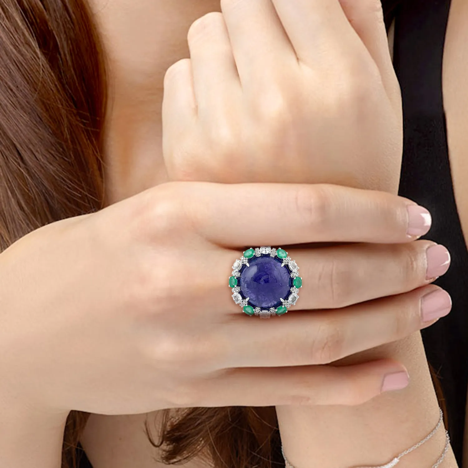 Natural Blue Sapphire Tanzanite Diamond Cocktail Ring in 18k White Gold For Gift