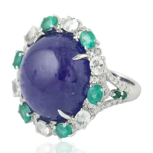 Natural Blue Sapphire Tanzanite Diamond Cocktail Ring in 18k White Gold For Gift