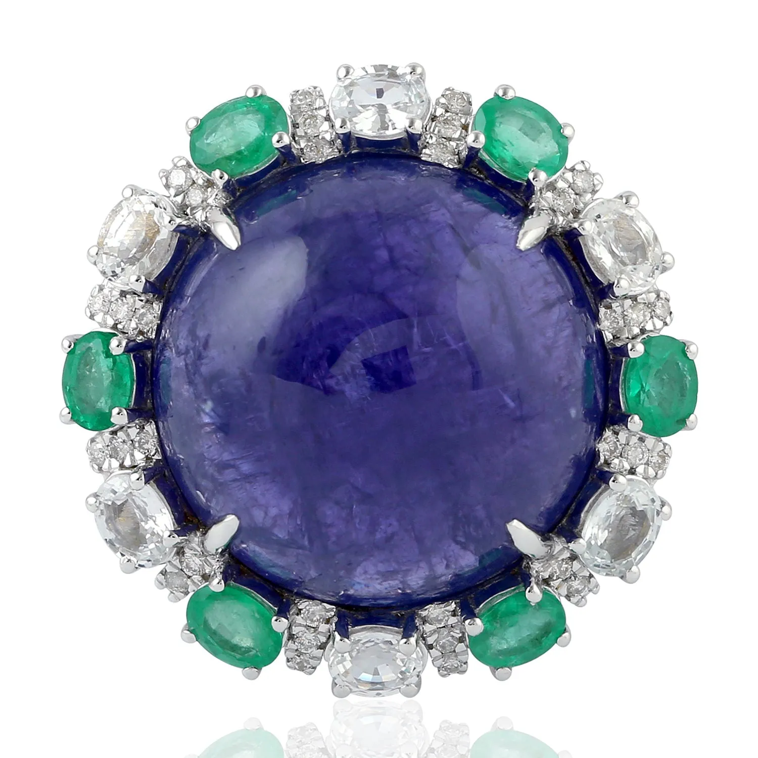 Natural Blue Sapphire Tanzanite Diamond Cocktail Ring in 18k White Gold For Gift