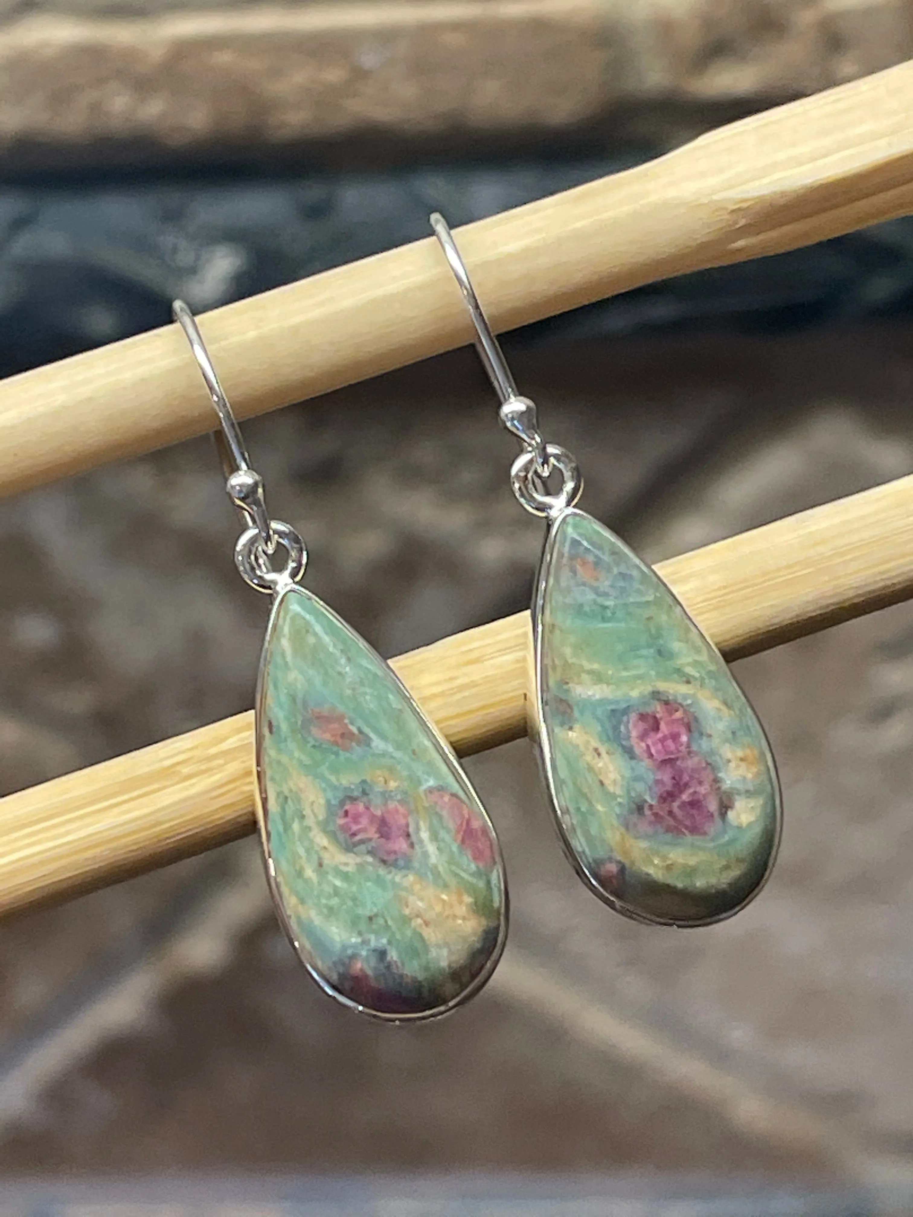 Natural Ruby in Fuchsite 925 Solid Sterling Silver Earrings 35mm