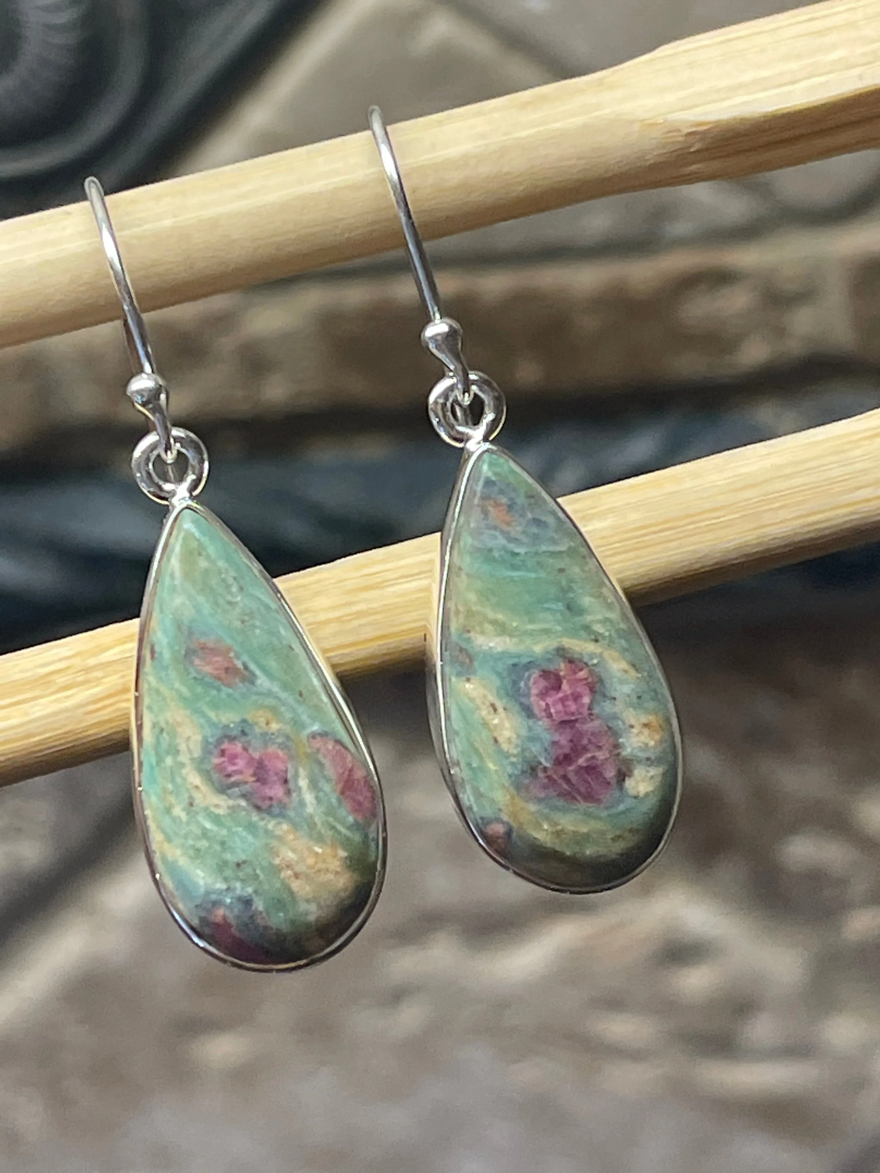Natural Ruby in Fuchsite 925 Solid Sterling Silver Earrings 35mm