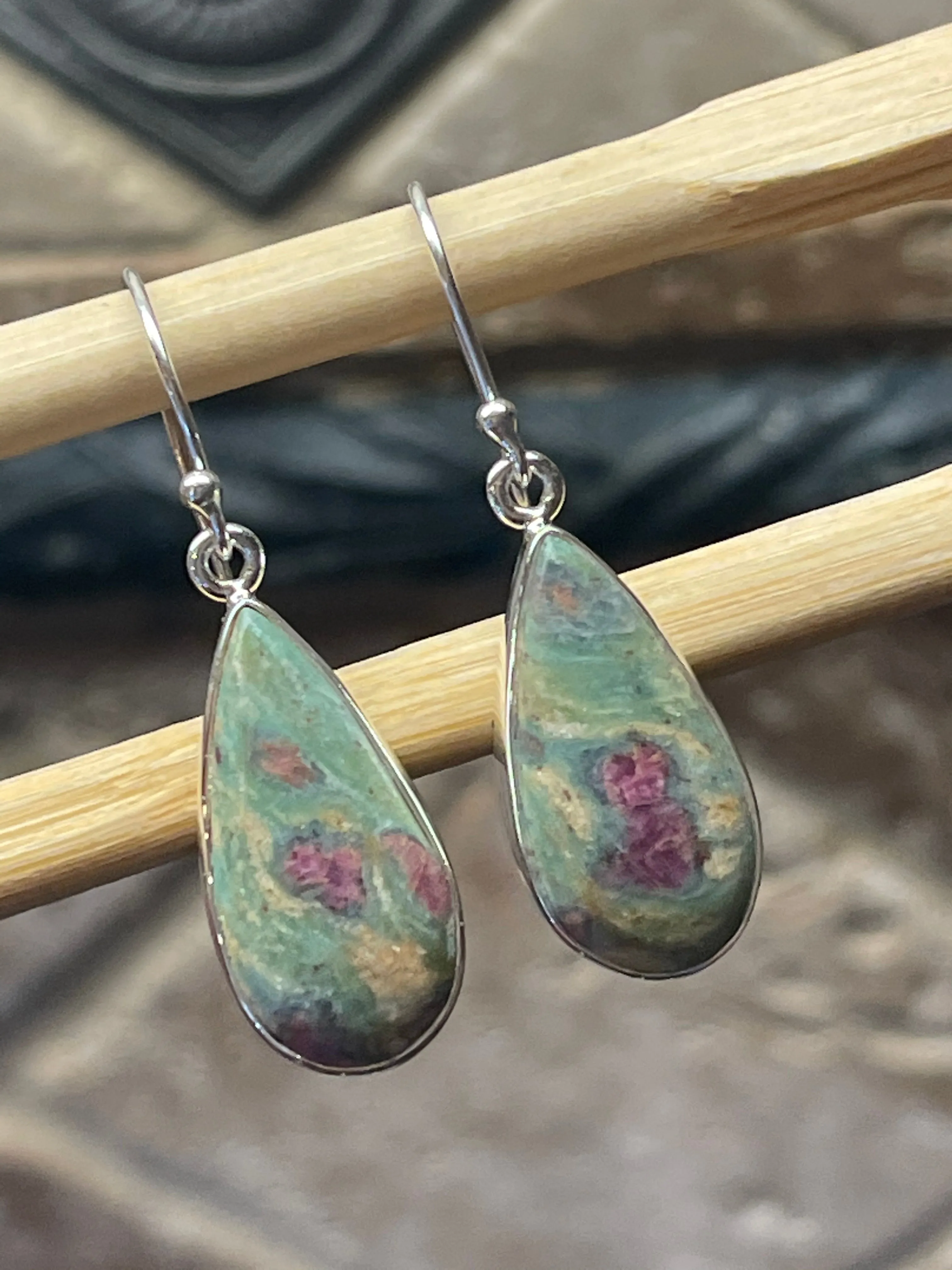 Natural Ruby in Fuchsite 925 Solid Sterling Silver Earrings 35mm