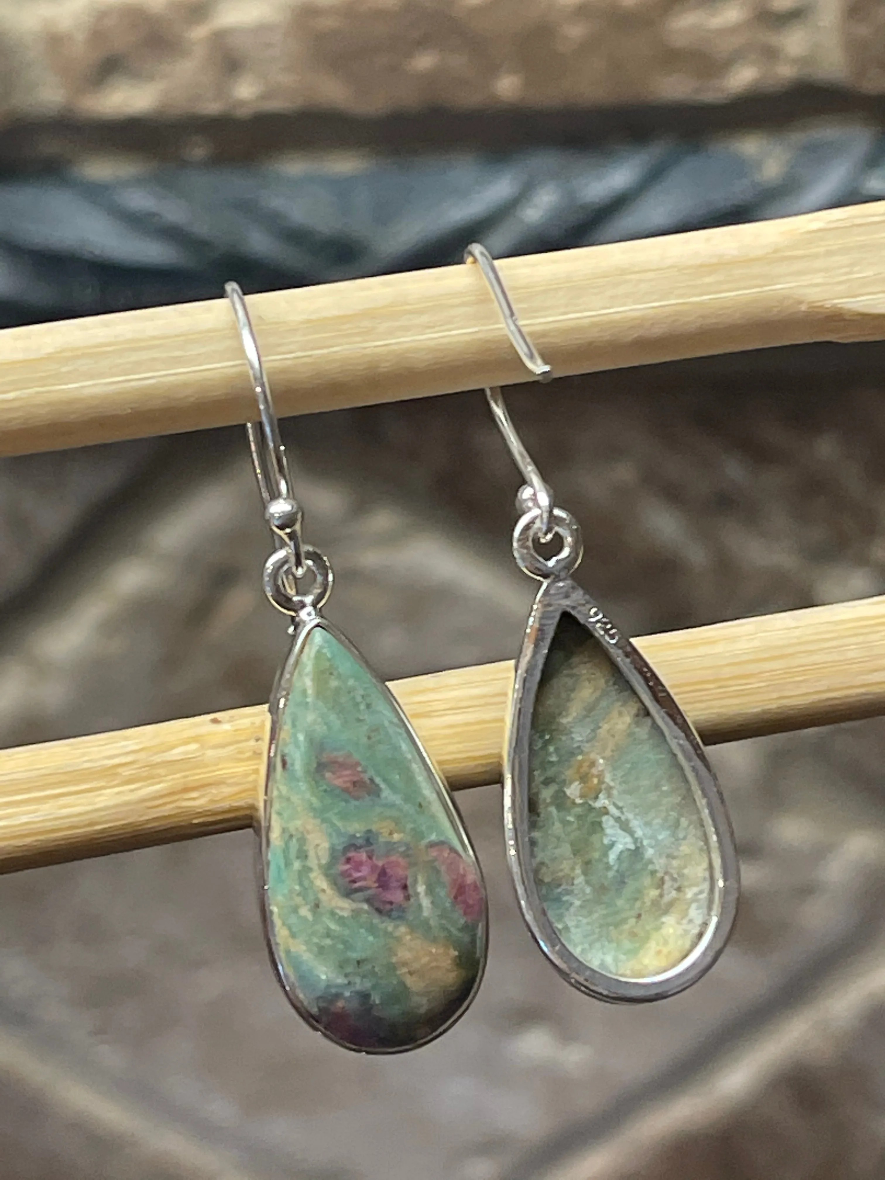 Natural Ruby in Fuchsite 925 Solid Sterling Silver Earrings 35mm