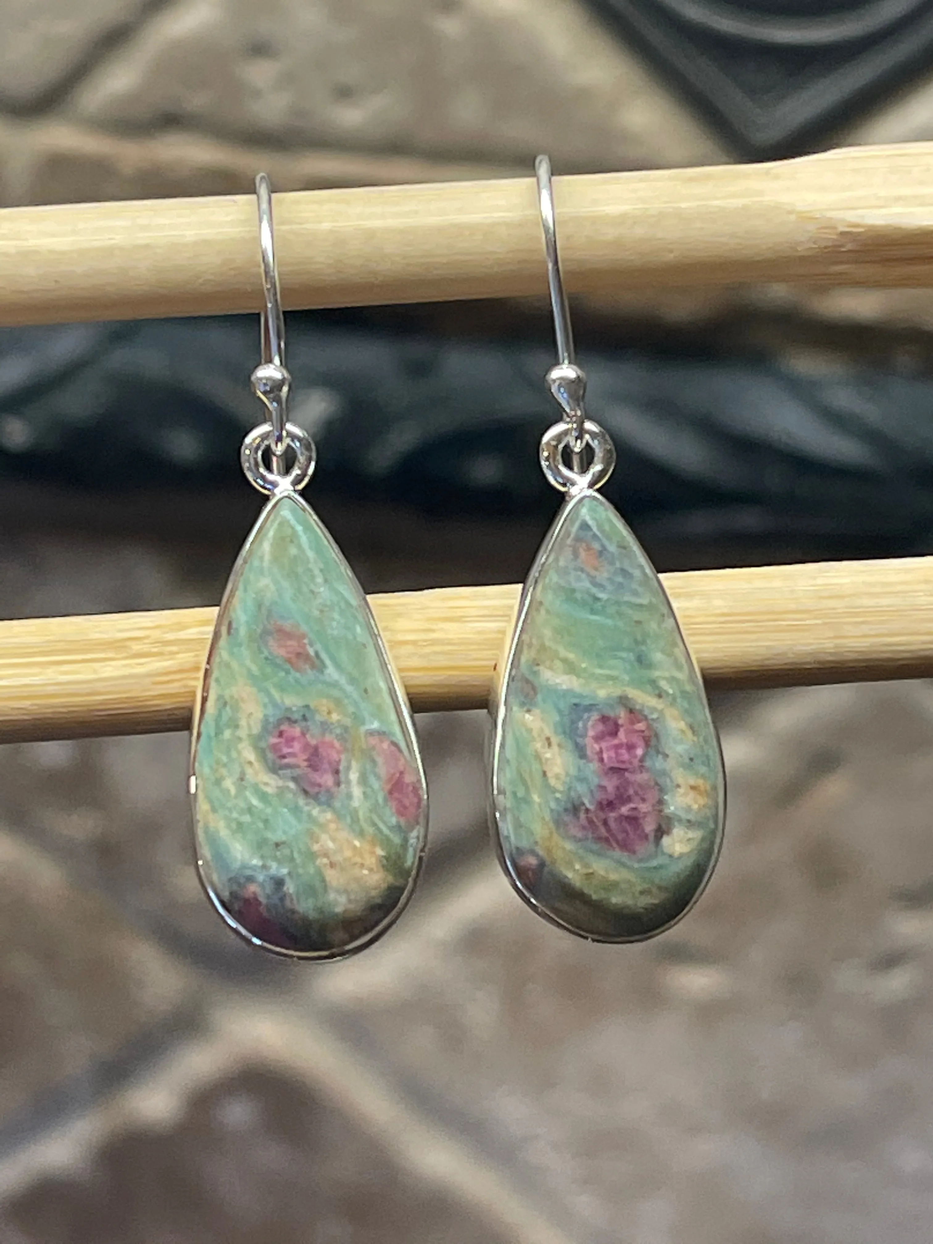 Natural Ruby in Fuchsite 925 Solid Sterling Silver Earrings 35mm