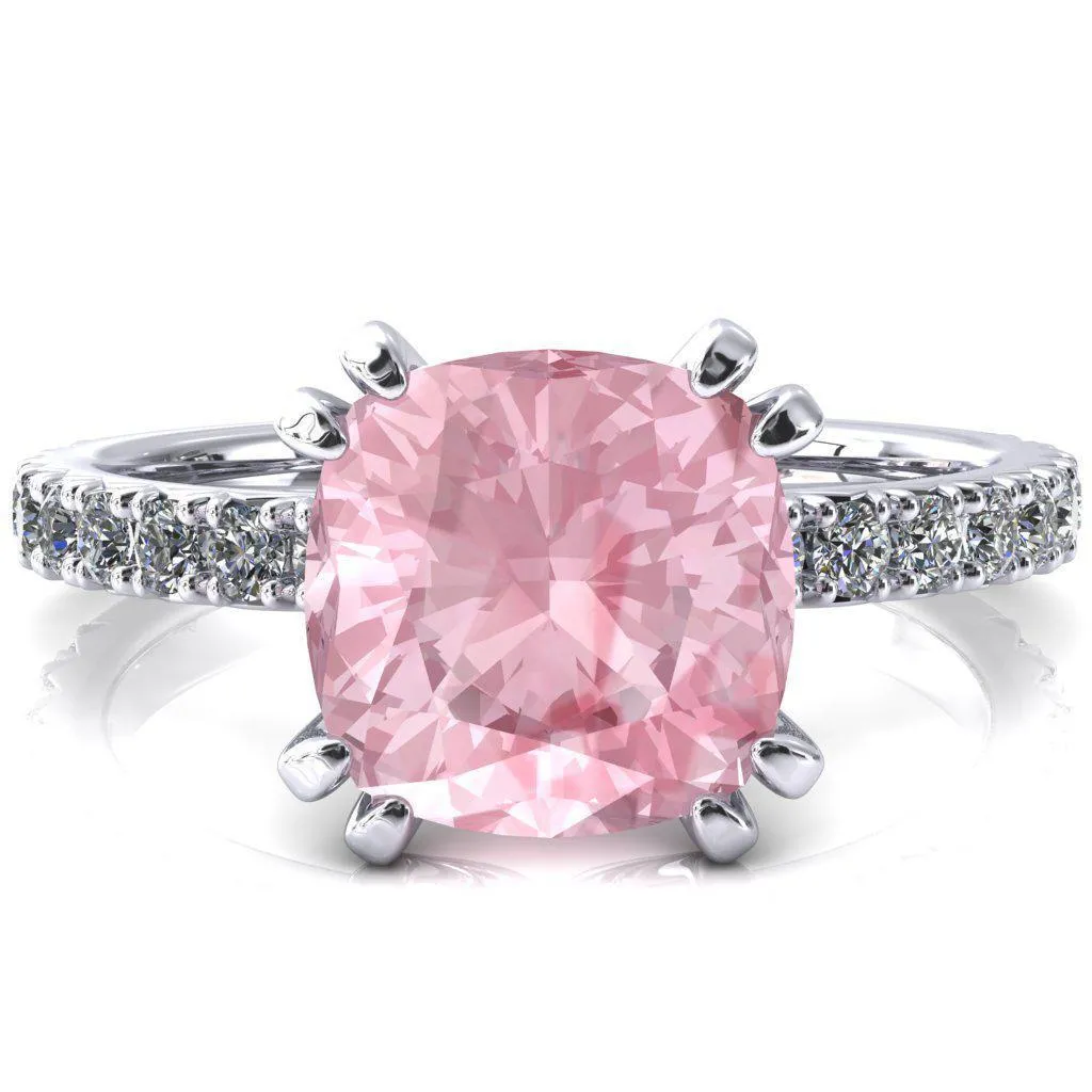 Nefili Cushion Pink Sapphire 4 Double Prong 5/8 Eternity Diamond French Pave Engagement Ring