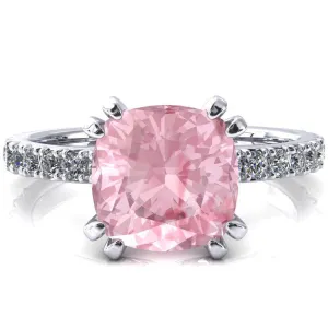 Nefili Cushion Pink Sapphire 4 Double Prong 5/8 Eternity Diamond French Pave Engagement Ring