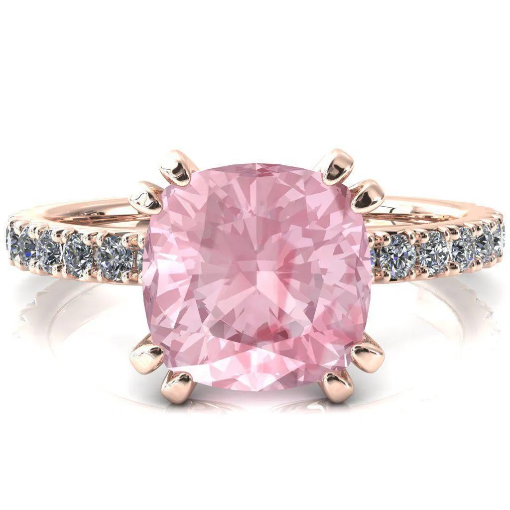 Nefili Cushion Pink Sapphire 4 Double Prong 5/8 Eternity Diamond French Pave Engagement Ring