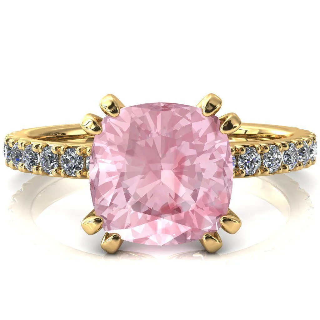 Nefili Cushion Pink Sapphire 4 Double Prong 5/8 Eternity Diamond French Pave Engagement Ring