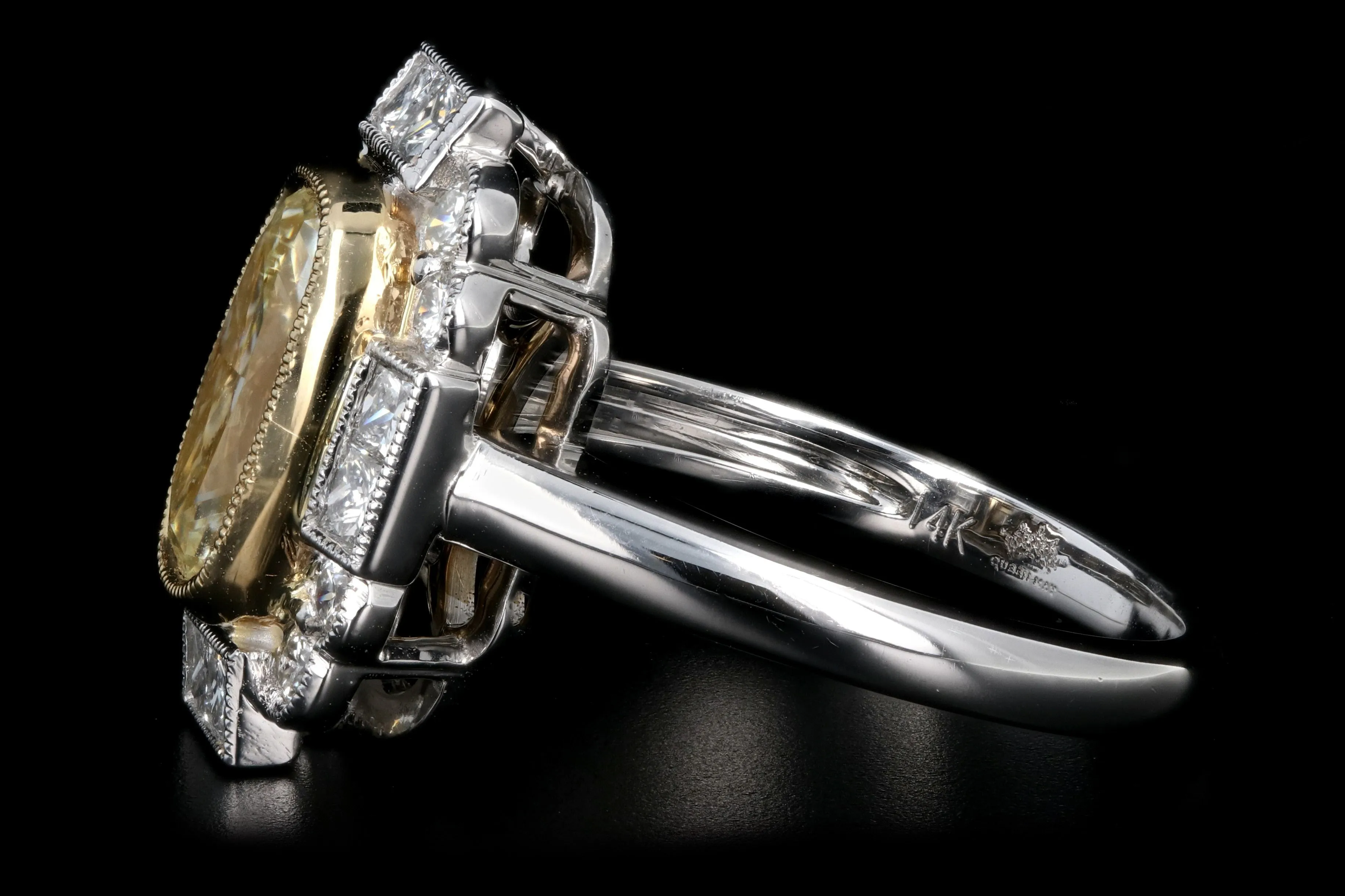 New 14K White Gold 2.04 Light Yellow Cushion Cut and White Diamond Ring