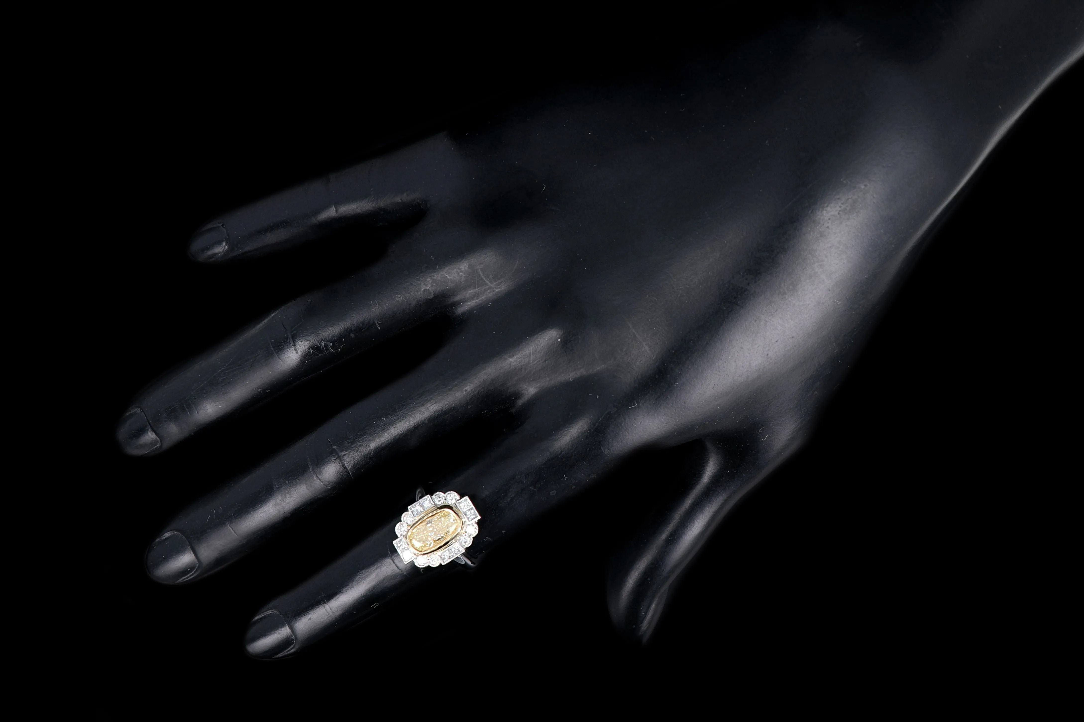 New 14K White Gold 2.04 Light Yellow Cushion Cut and White Diamond Ring