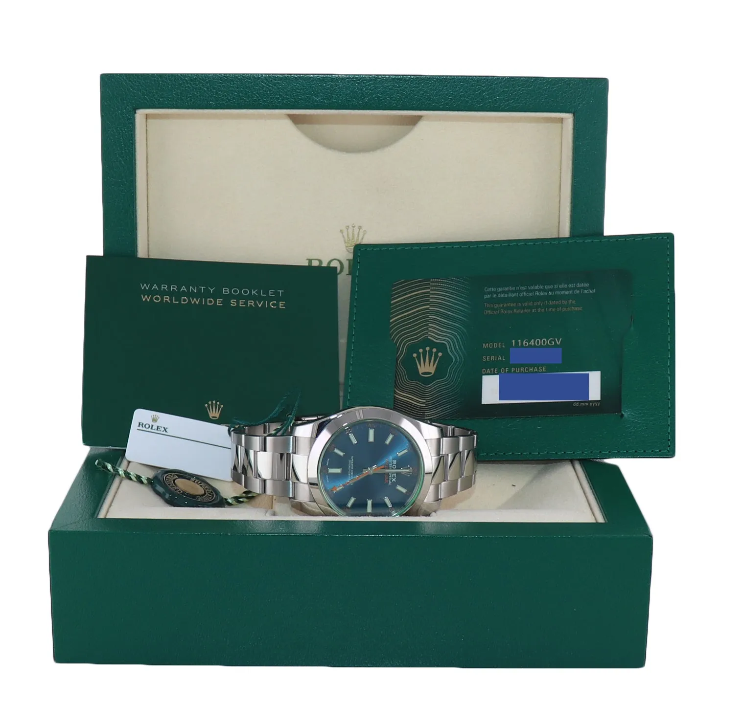 NEW 2021 Papers Rolex Milgauss Blue Anniversary Green 116400GV Steel 40mm Watch