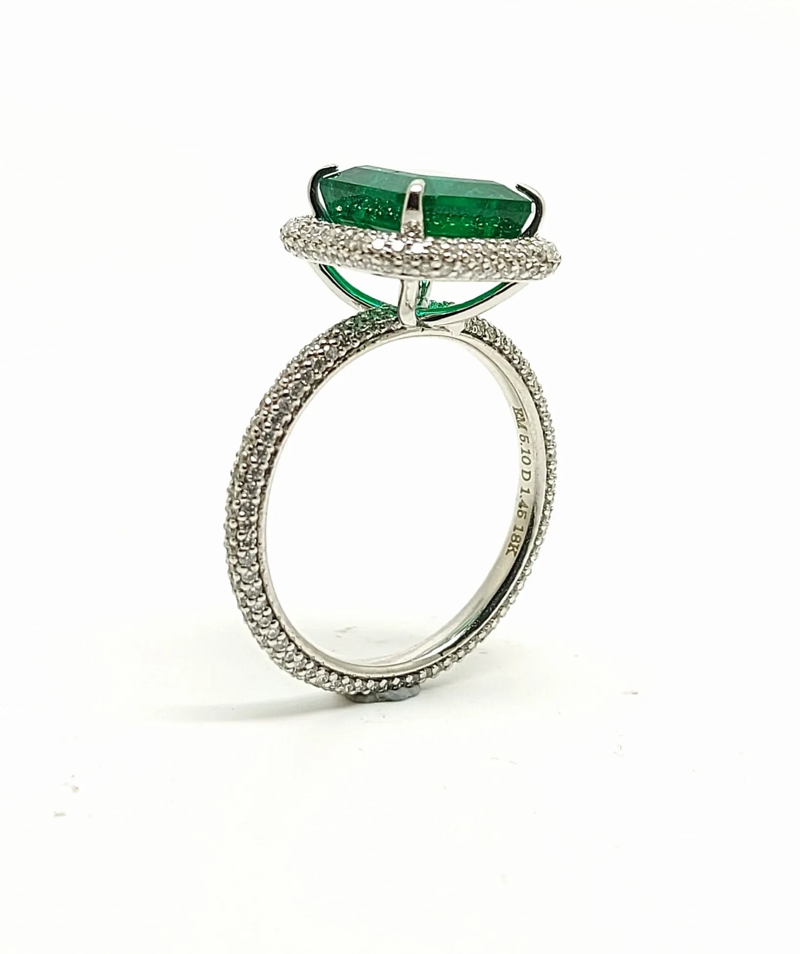 New Classic Halo Diamond Ring with Emerald in 18k white gold