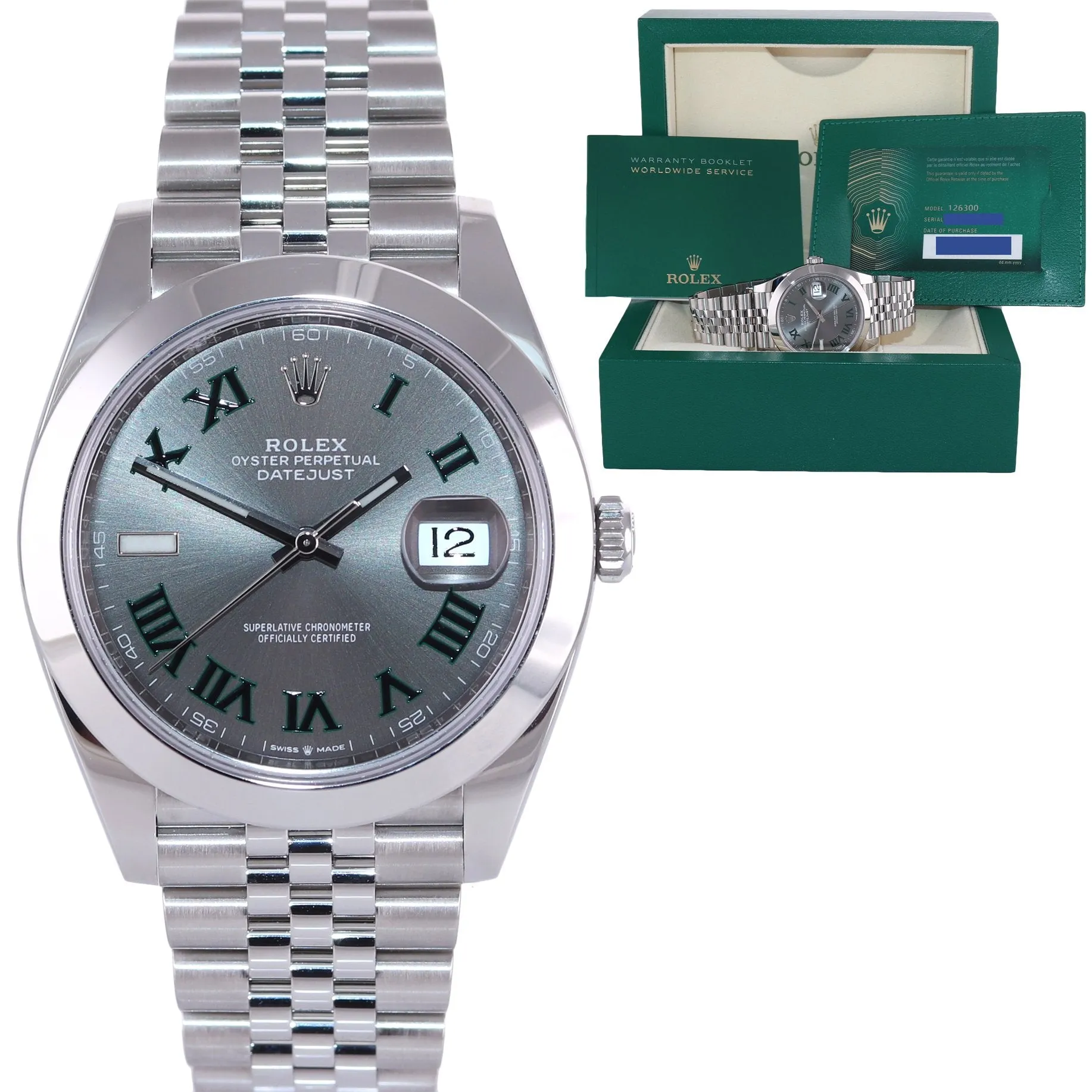 NEW Sept 2021 PAPERS Rolex DateJust 41 Steel 126300 Wimbledon Grey Jubilee Watch