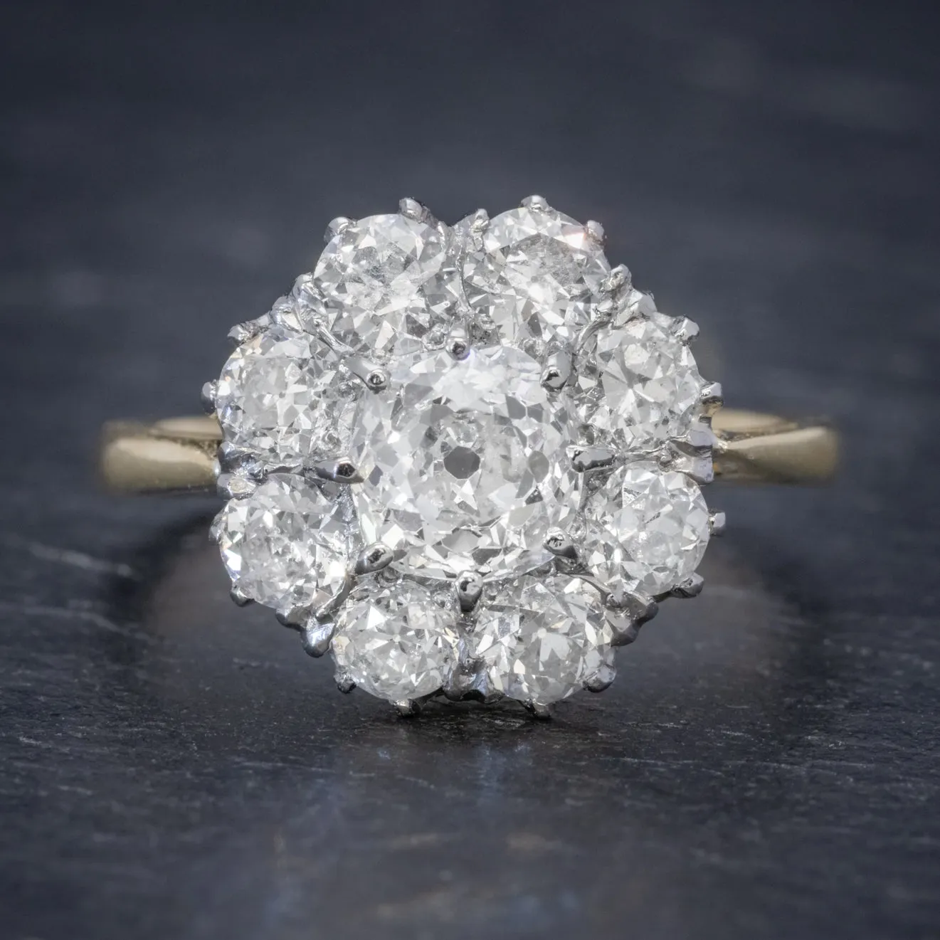 Old Cushion Cut Diamond Cluster Ring 18Ct Gold Platinum 3Ct Of Diamond
