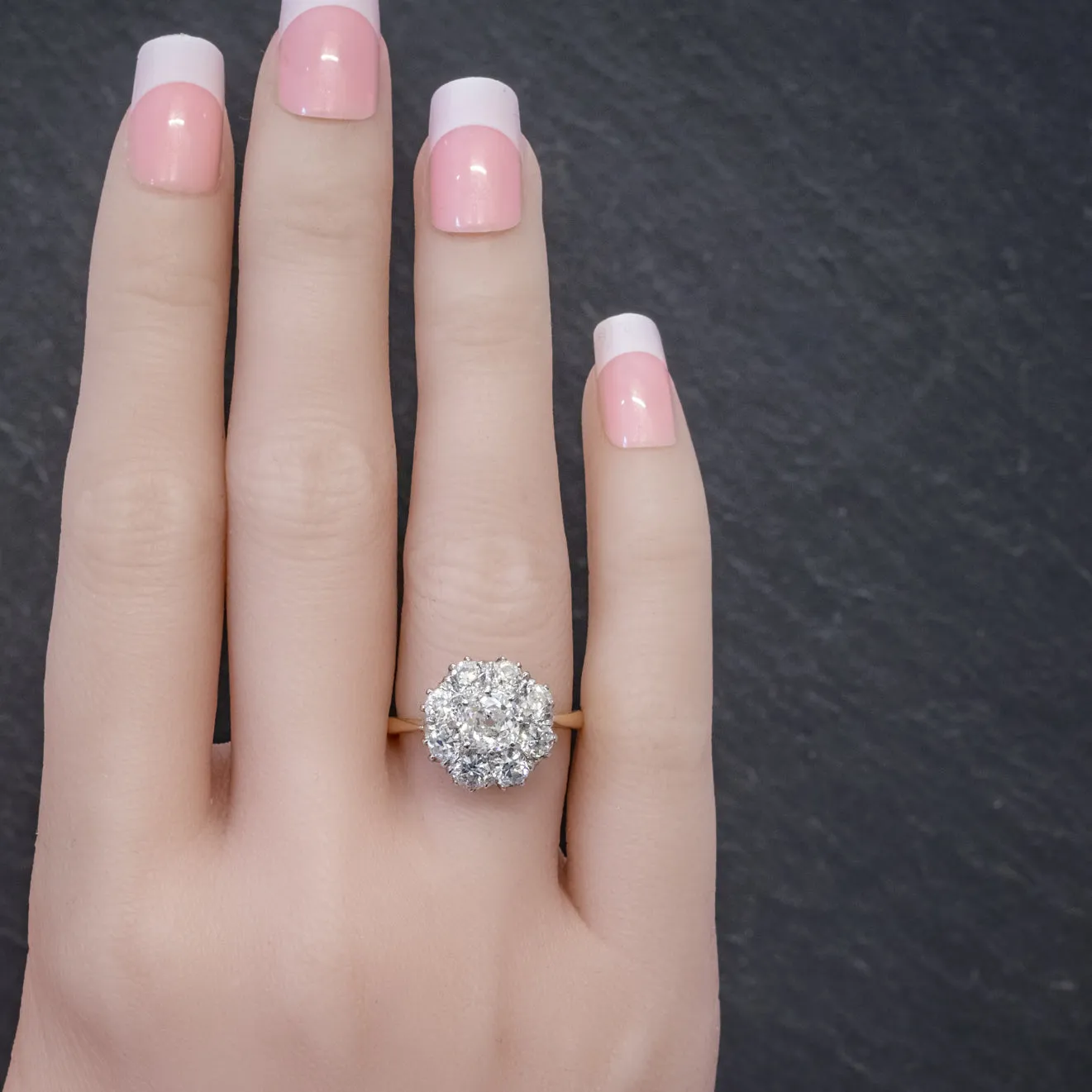 Old Cushion Cut Diamond Cluster Ring 18Ct Gold Platinum 3Ct Of Diamond