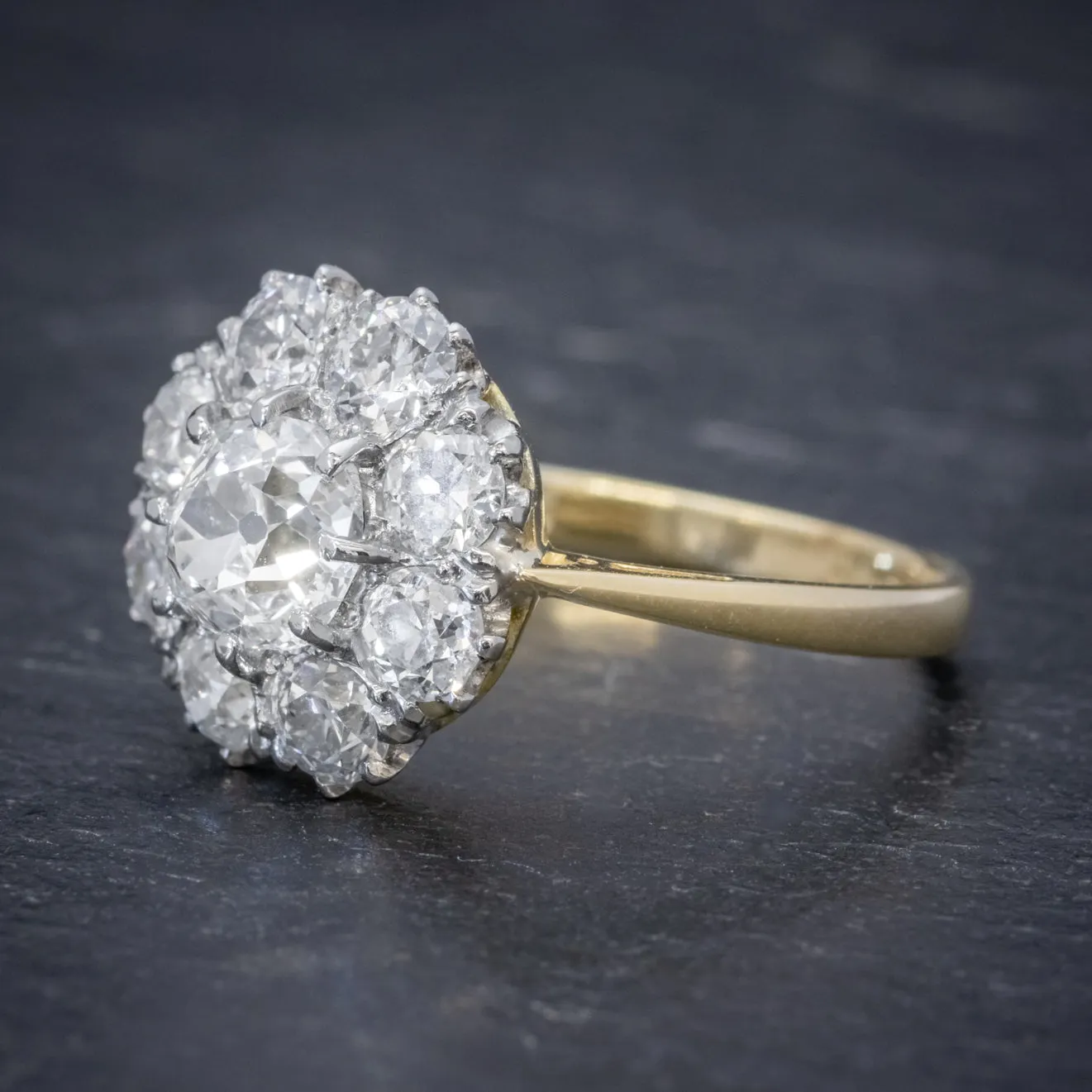 Old Cushion Cut Diamond Cluster Ring 18Ct Gold Platinum 3Ct Of Diamond