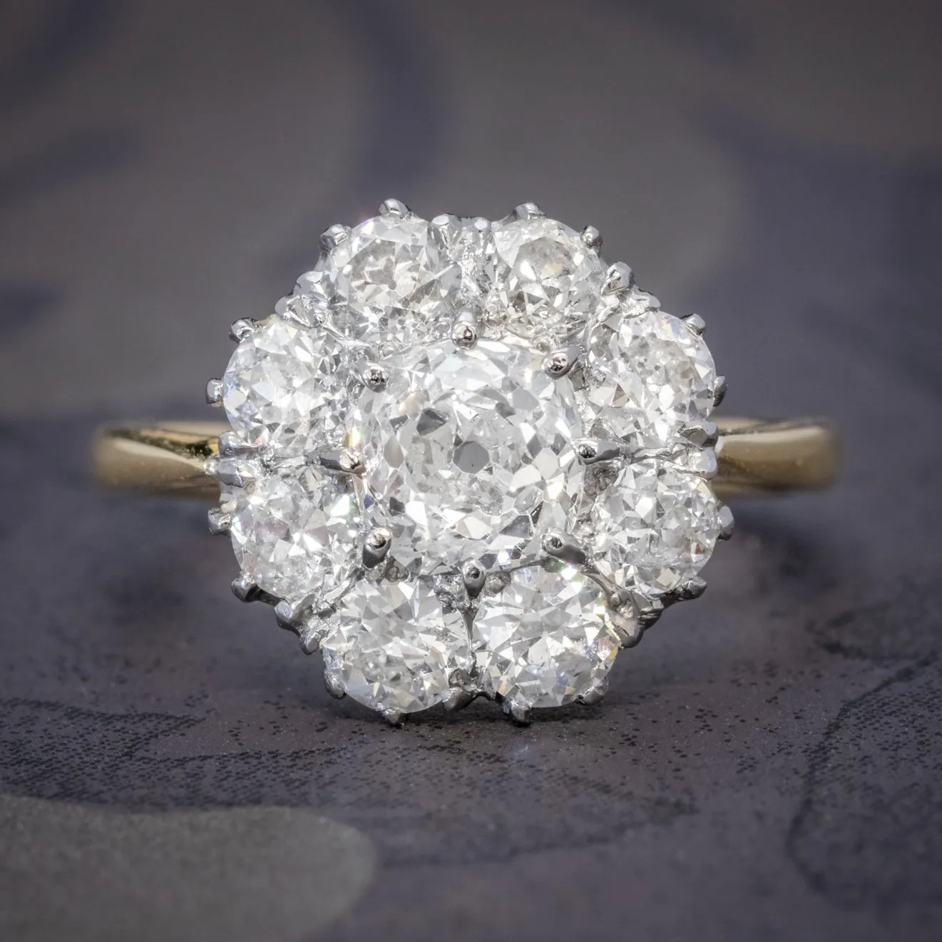 Old Cushion Cut Diamond Cluster Ring 18Ct Gold Platinum 3Ct Of Diamond