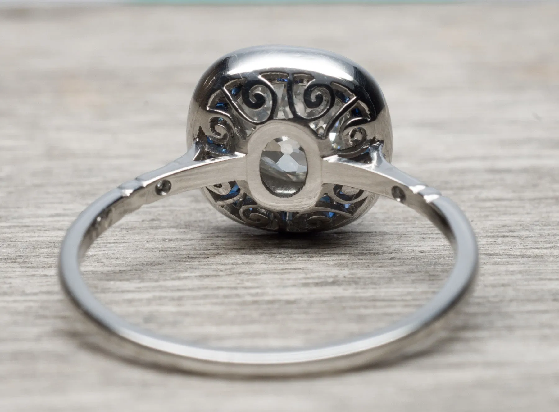 OLD MINE CUSHION CUT DIAMOND AND SAPPHIRE TARGET RING