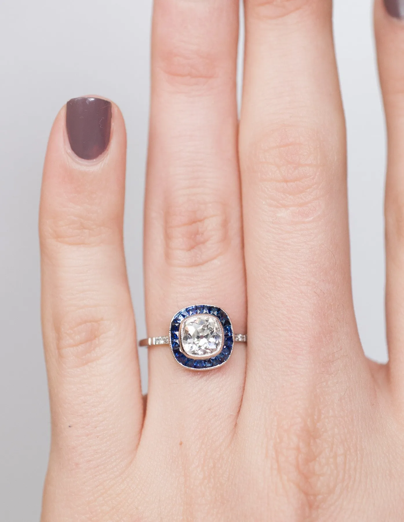 OLD MINE CUSHION CUT DIAMOND AND SAPPHIRE TARGET RING