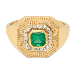 One of a Kind Sunbeam Cushion Emerald & Diamond Fluted Ring