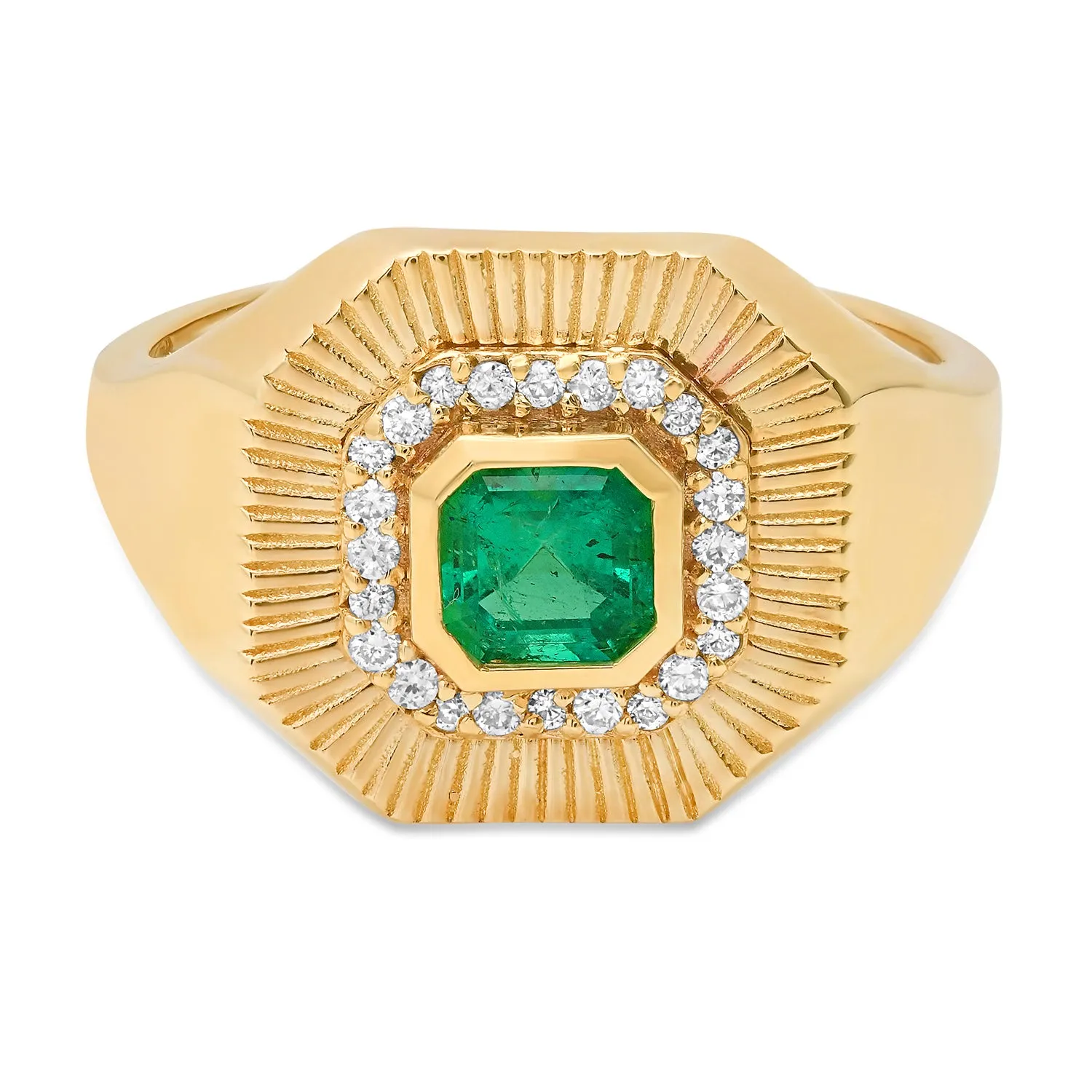 One of a Kind Sunbeam Cushion Emerald & Diamond Fluted Ring