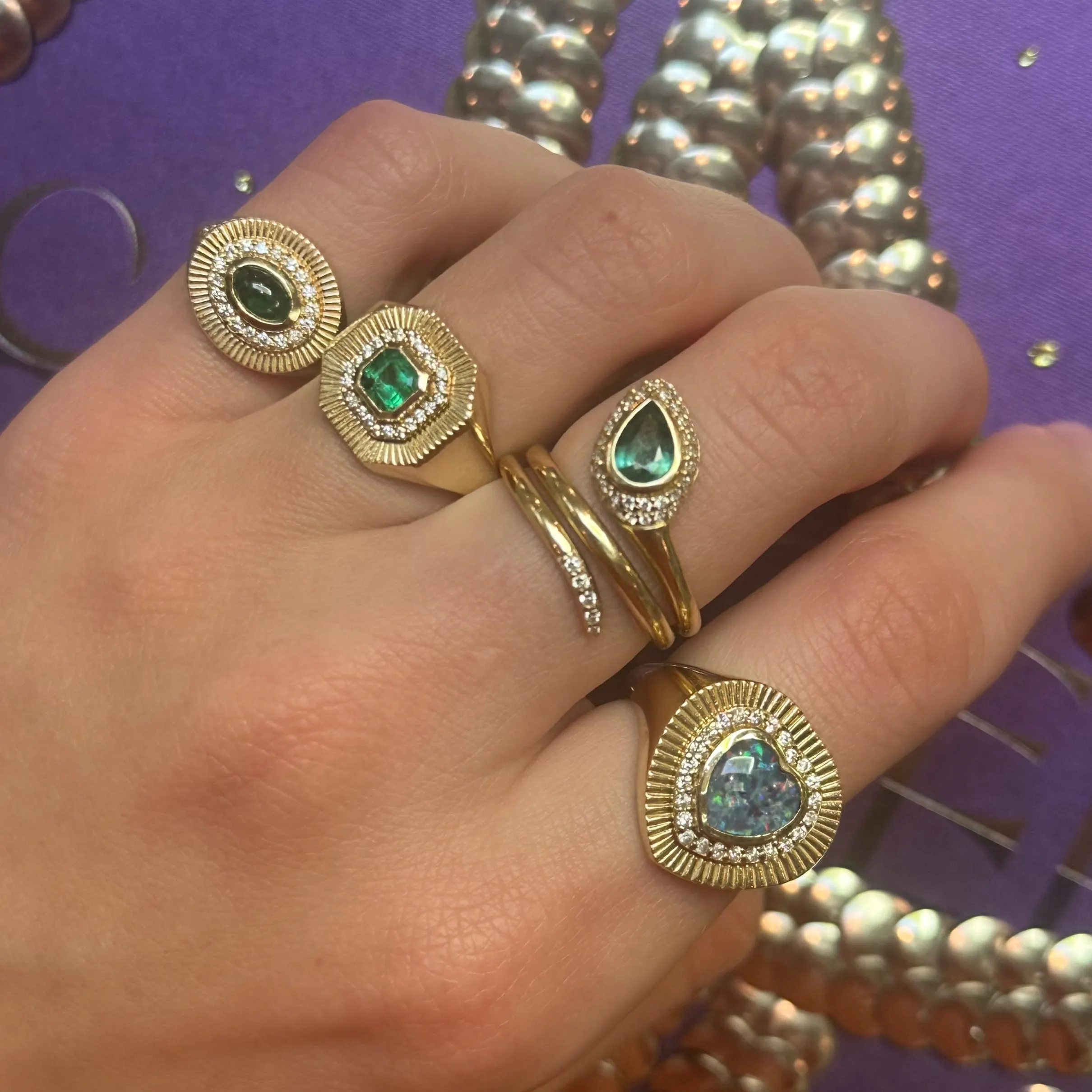 One of a Kind Sunbeam Cushion Emerald & Diamond Fluted Ring
