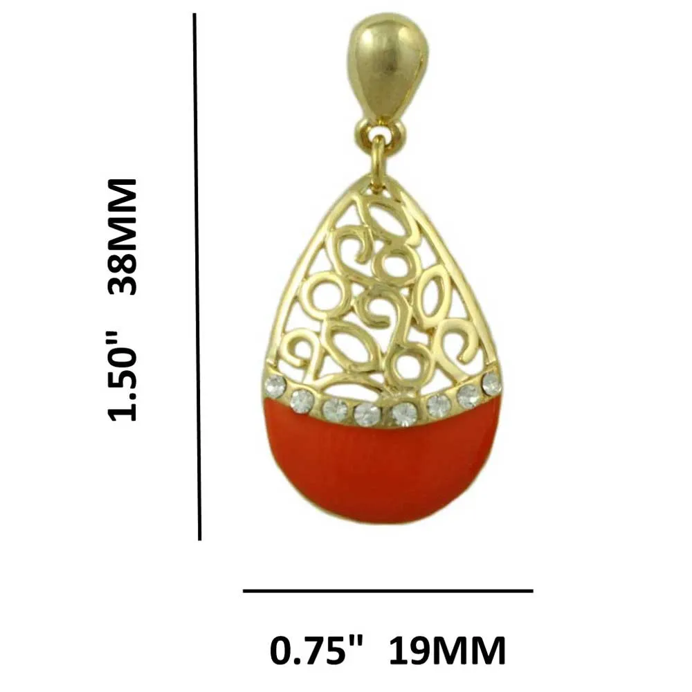 Orange Enamel and Crystal Filigree Teardrop Dangle Earring - REE404OG