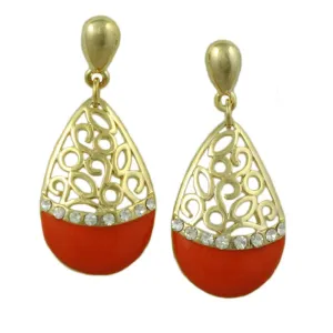 Orange Enamel and Crystal Filigree Teardrop Dangle Earring - REE404OG