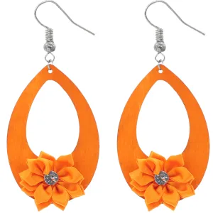 Orange Flower Wooden Teardrop Earrings