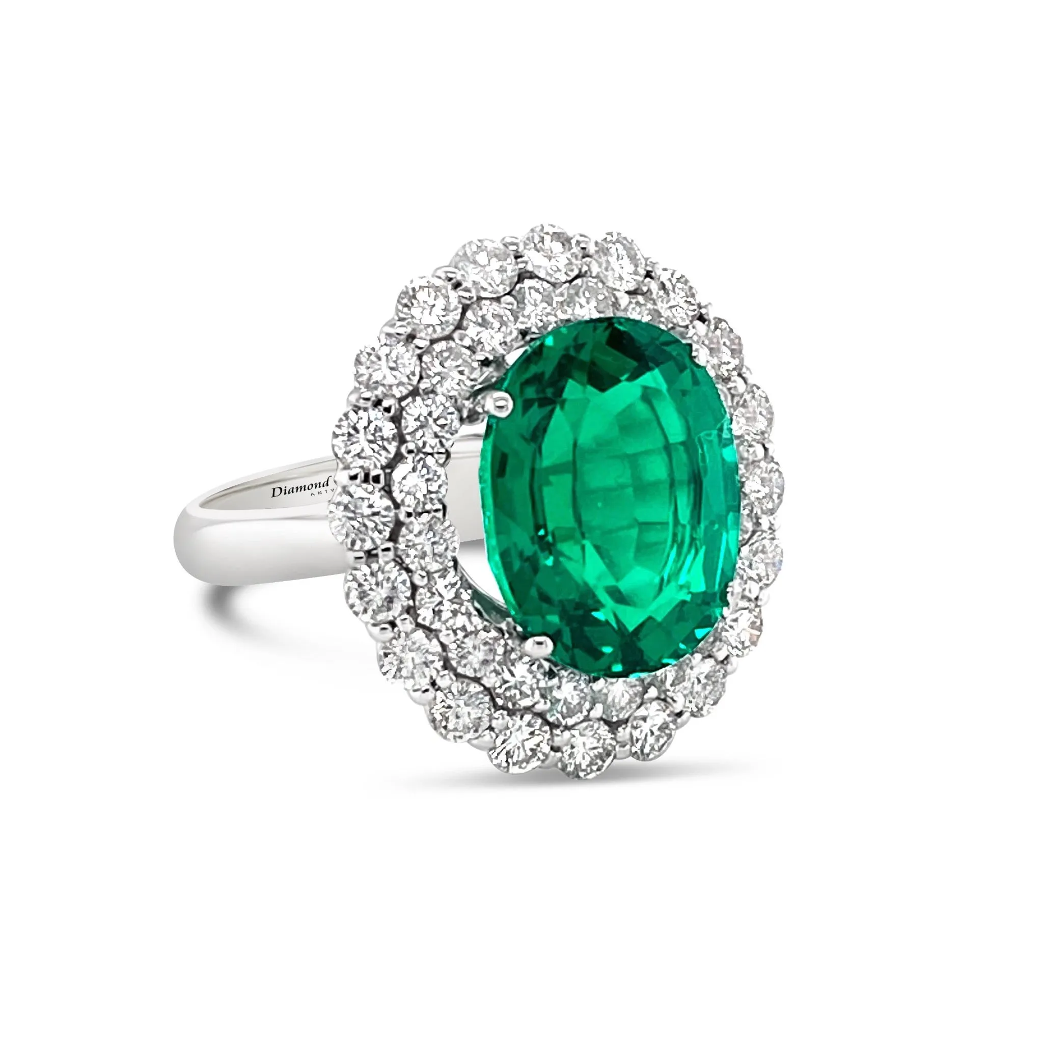 Oval cut Emerald & double Row Diamonds "Angelica" Ring