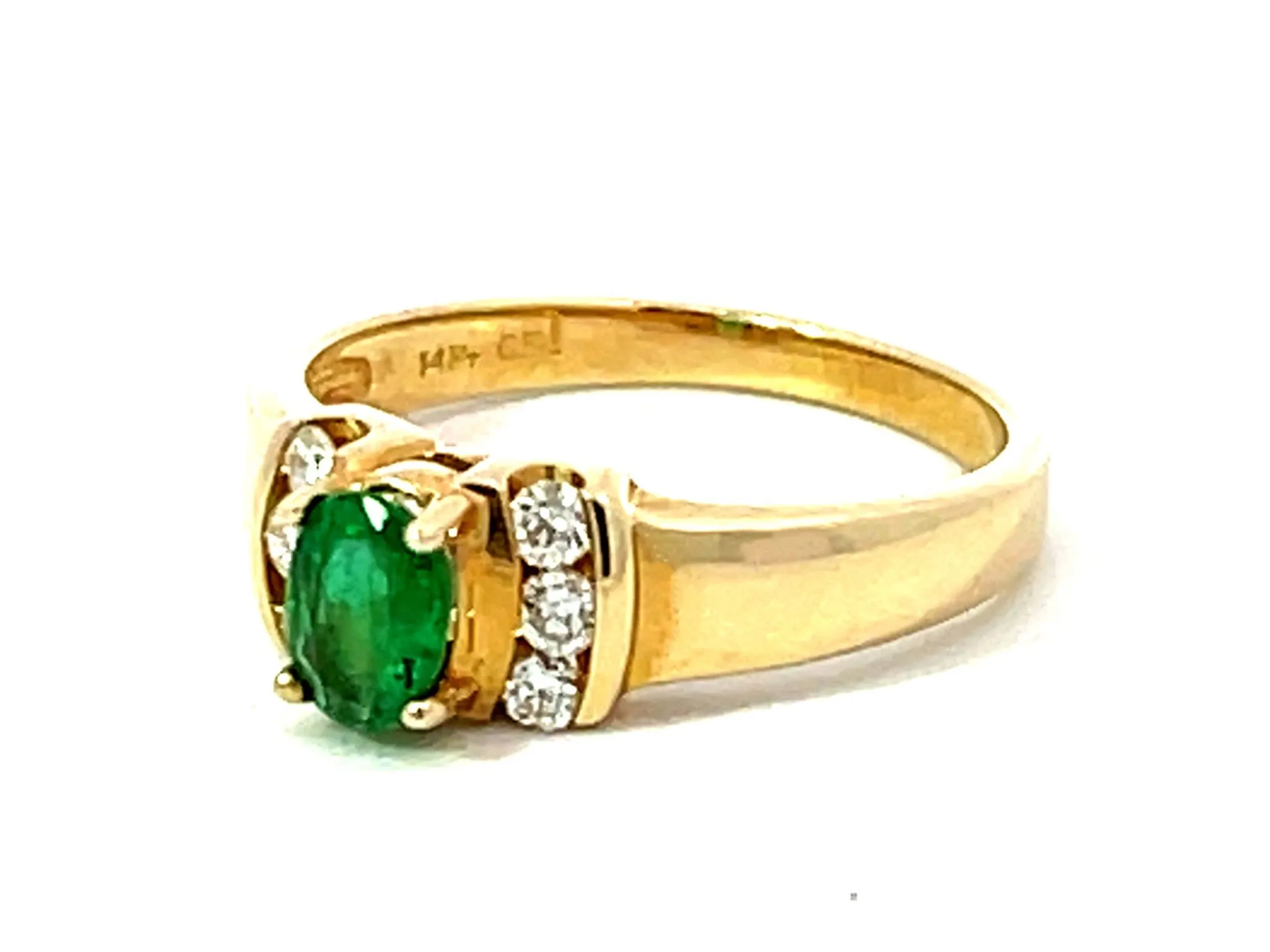 Oval Green Emerald and 6 Diamond Stackable Ring in 14k Yellow Gold