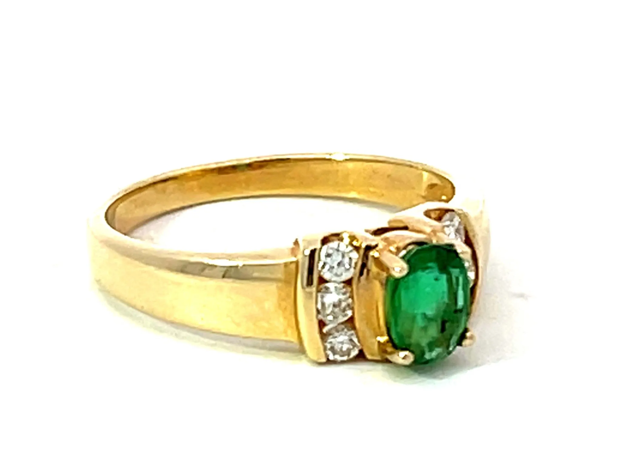 Oval Green Emerald and 6 Diamond Stackable Ring in 14k Yellow Gold