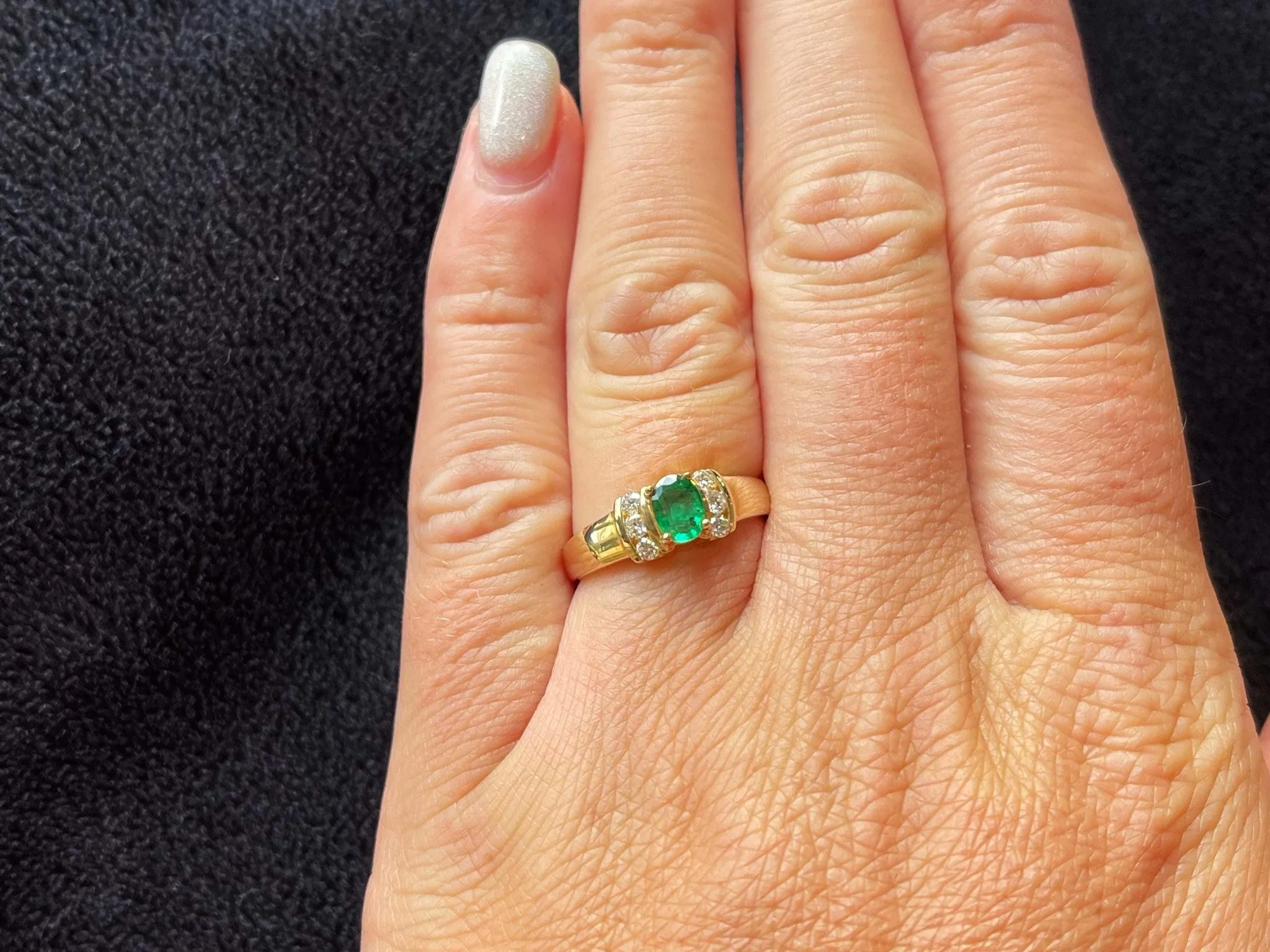 Oval Green Emerald and 6 Diamond Stackable Ring in 14k Yellow Gold