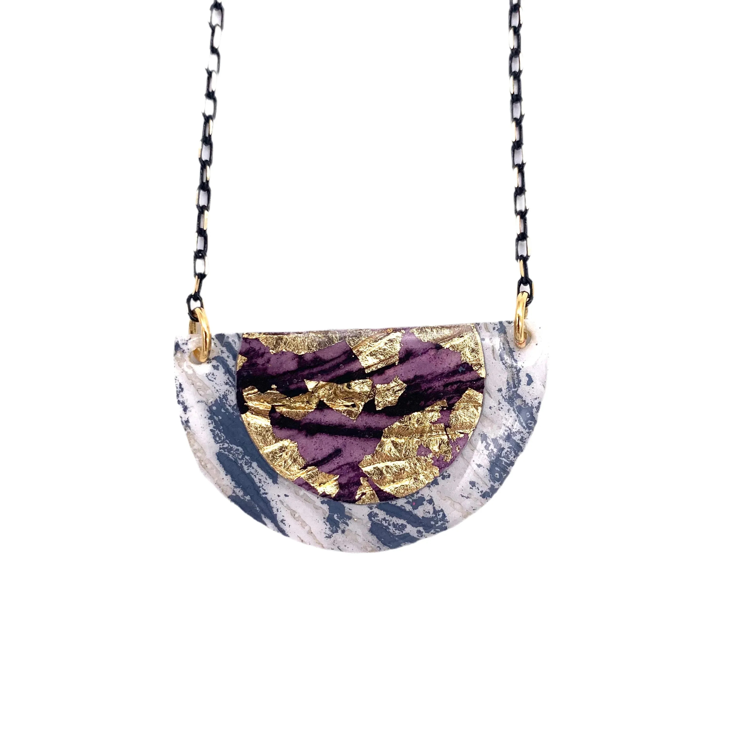 Ovette Batik Textile Necklace in Dove/Gold/Aubergine