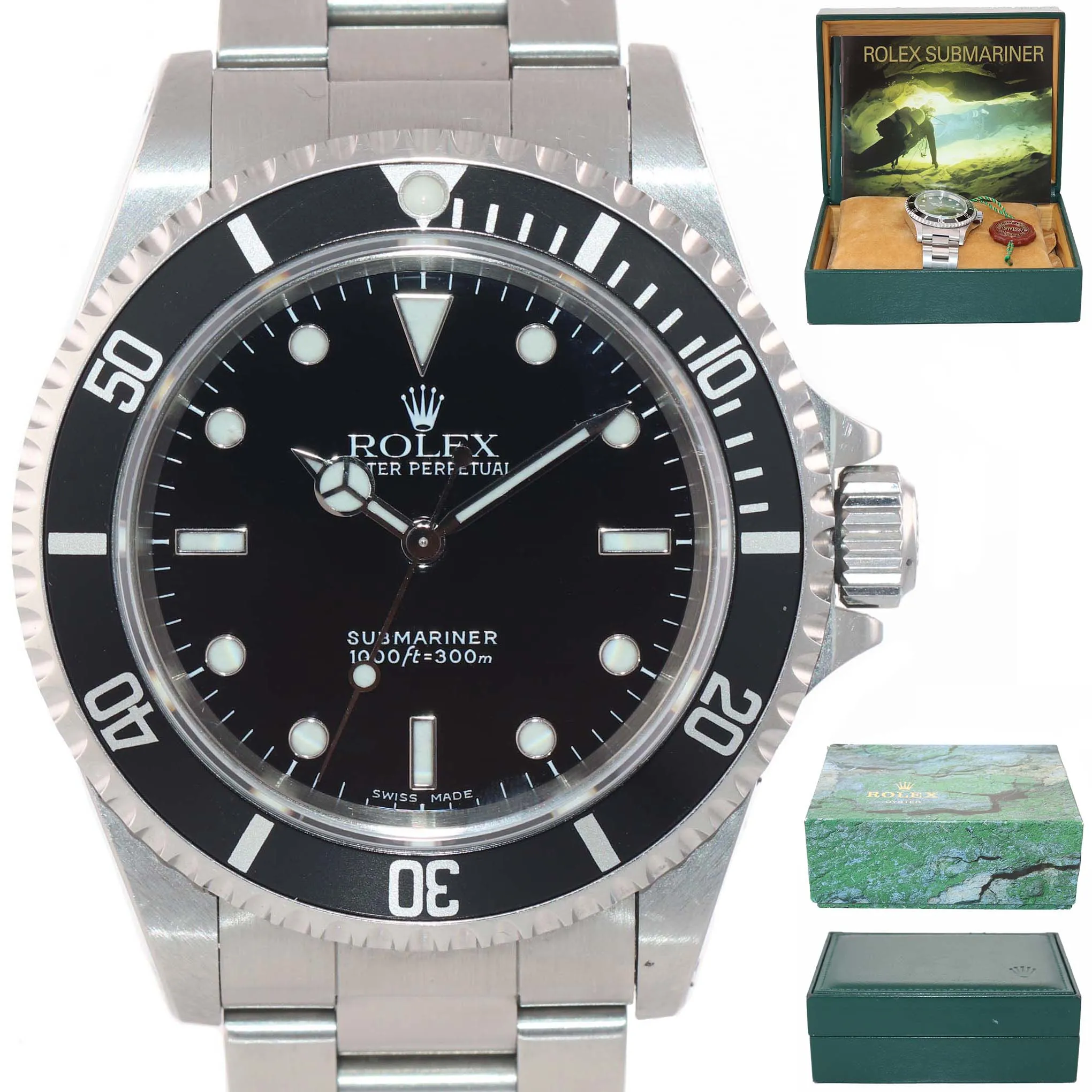 PAPERS UNPOLISHED 2 Line Black Dial Rolex Submariner Steel No-Date 14060 Watch