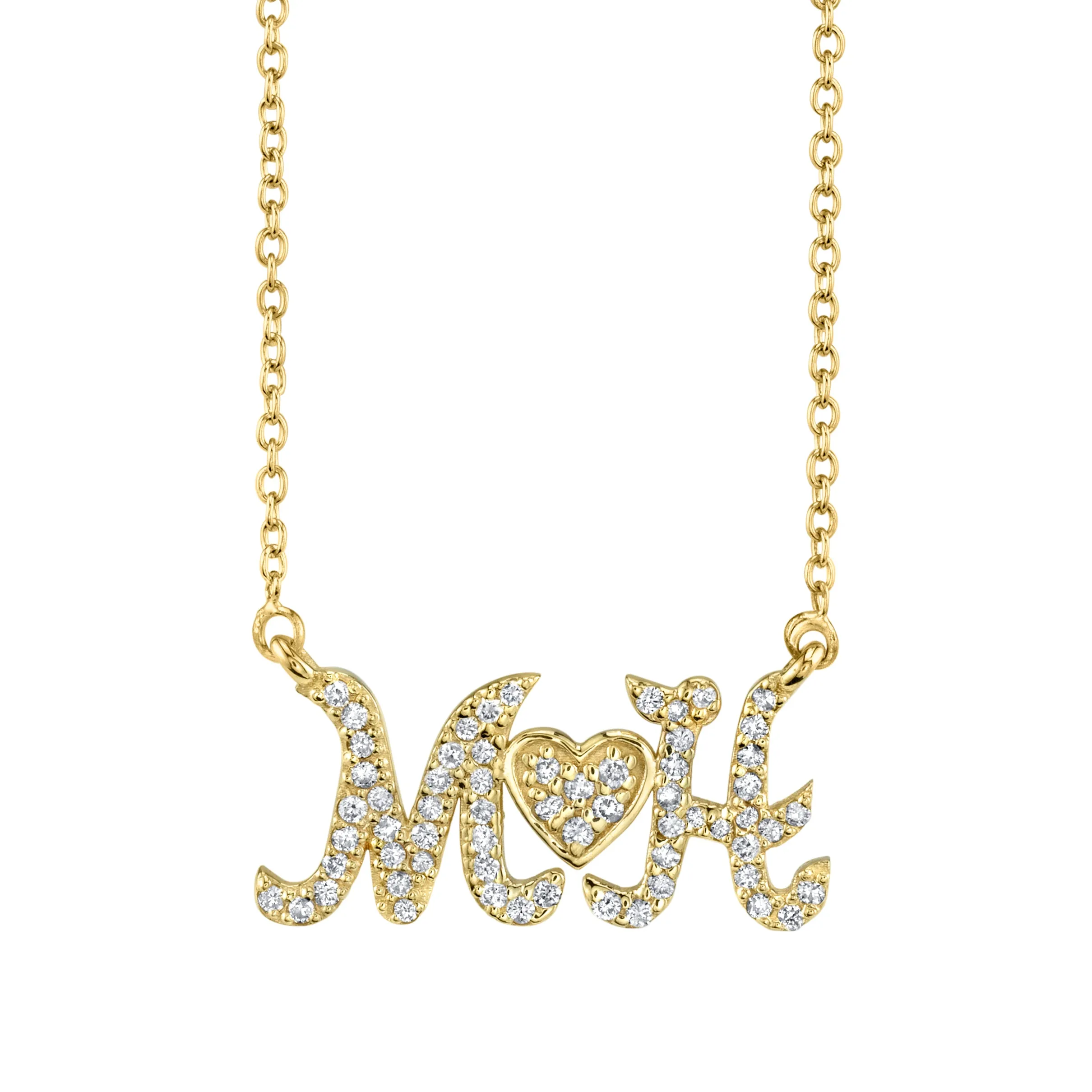 Pave Diamond Script Initial Necklace with Heart