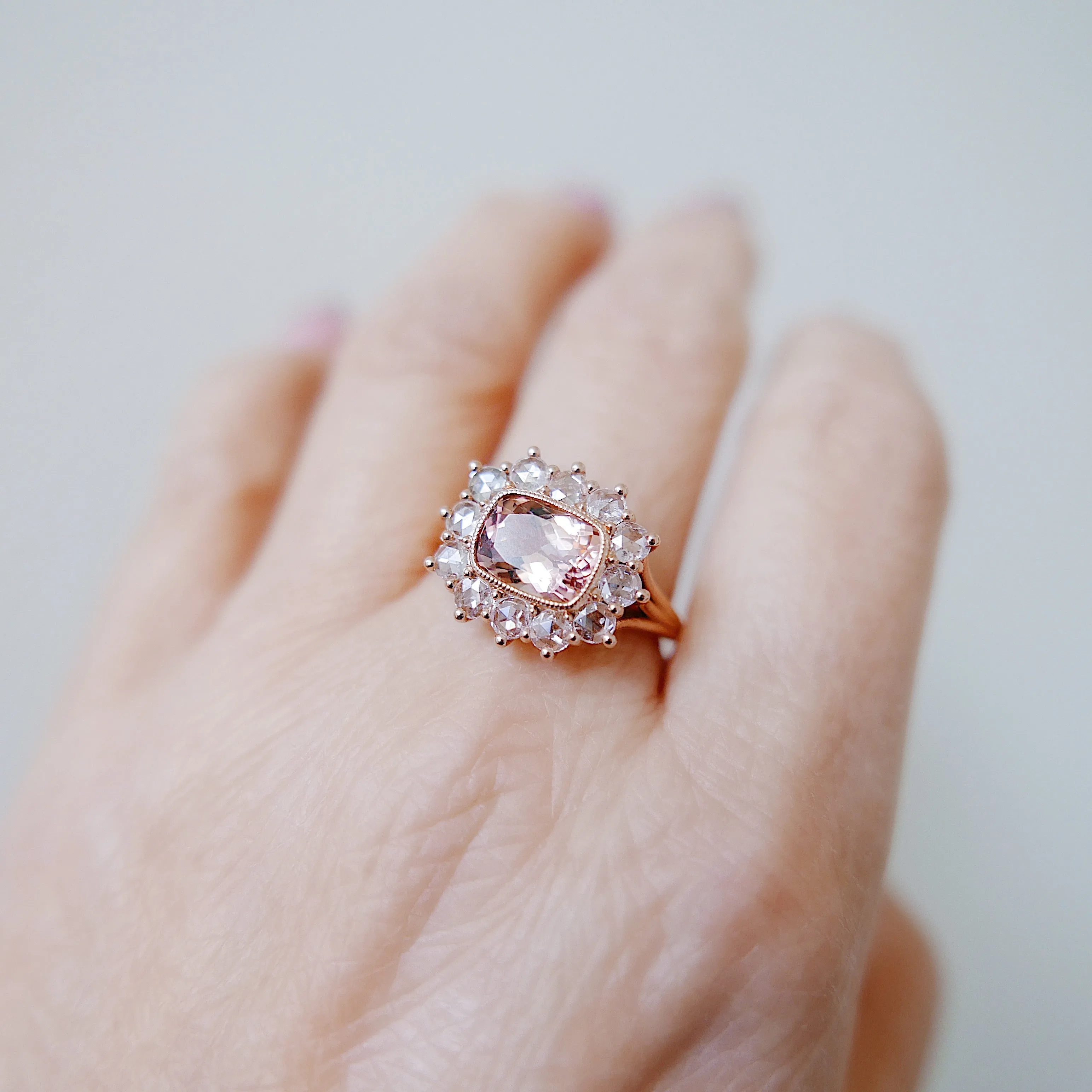 Peaches and Cream One of a Kind Tourmaline and rosecut diamond ring