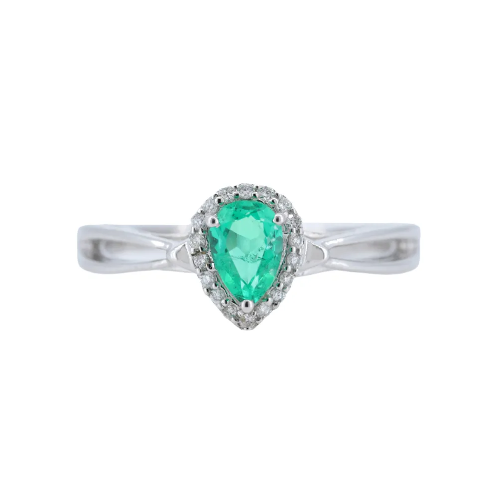 Pear Shaped Emerald and Diamonds Halo Ring in 14kt White Gold