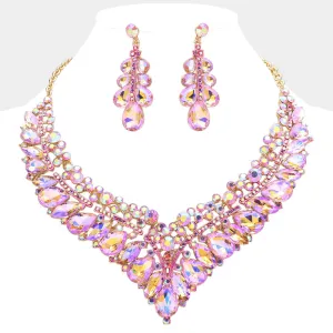 Pink AB Teardrop Marquise and Round Stone Evening Necklace Set  | Crystal Statement Necklace Set |  645273