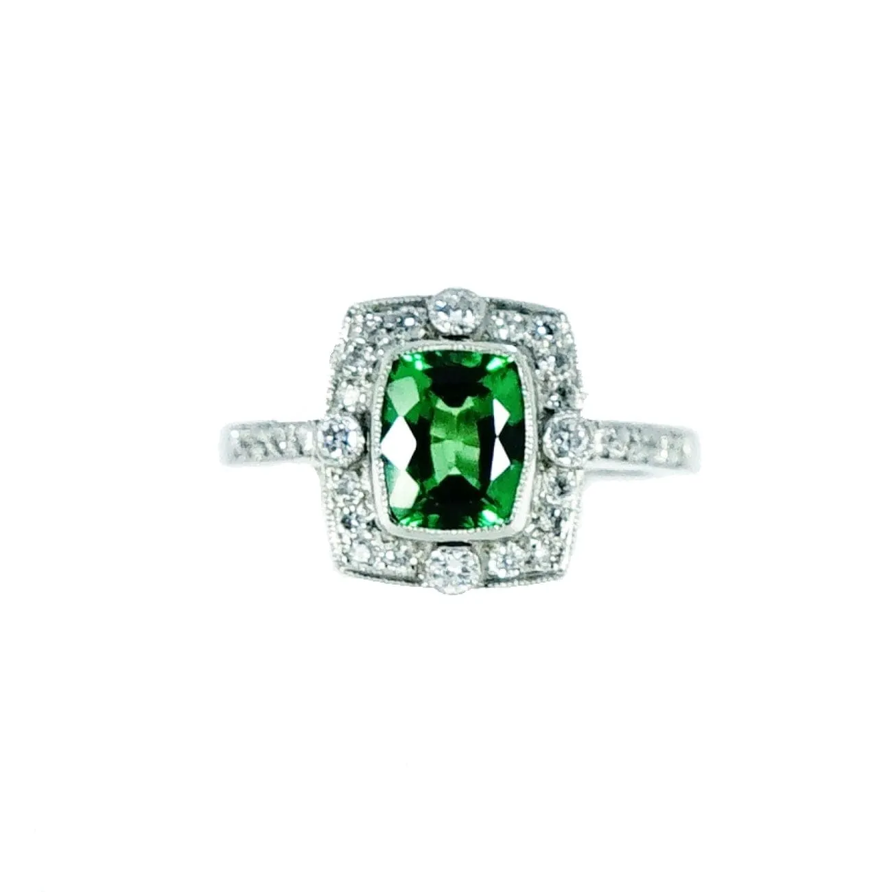 Platinum Cushion Tsavorite & Diamond Ring