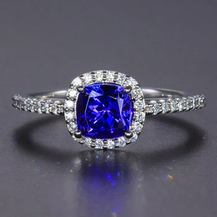 Platinum Square Cushion Tanzanite and Diamond Halo Ring 1.26 Carats