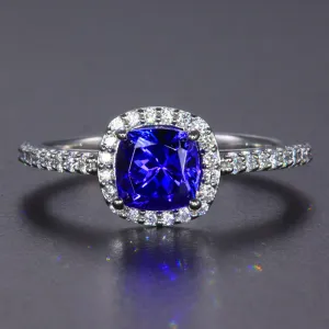 Platinum Square Cushion Tanzanite and Diamond Halo Ring 1.26 Carats
