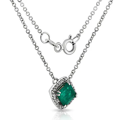 Princess Cut 0.74ct Emerald Gemstone Set in Halo Design Setting with 0.24ct Round Cut Diamonds, 18k White Gold