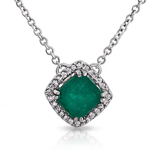 Princess Cut 0.74ct Emerald Gemstone Set in Halo Design Setting with 0.24ct Round Cut Diamonds, 18k White Gold