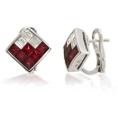 Princess-cut Ruby &  Diamond Stud Earrings In 18k Gold